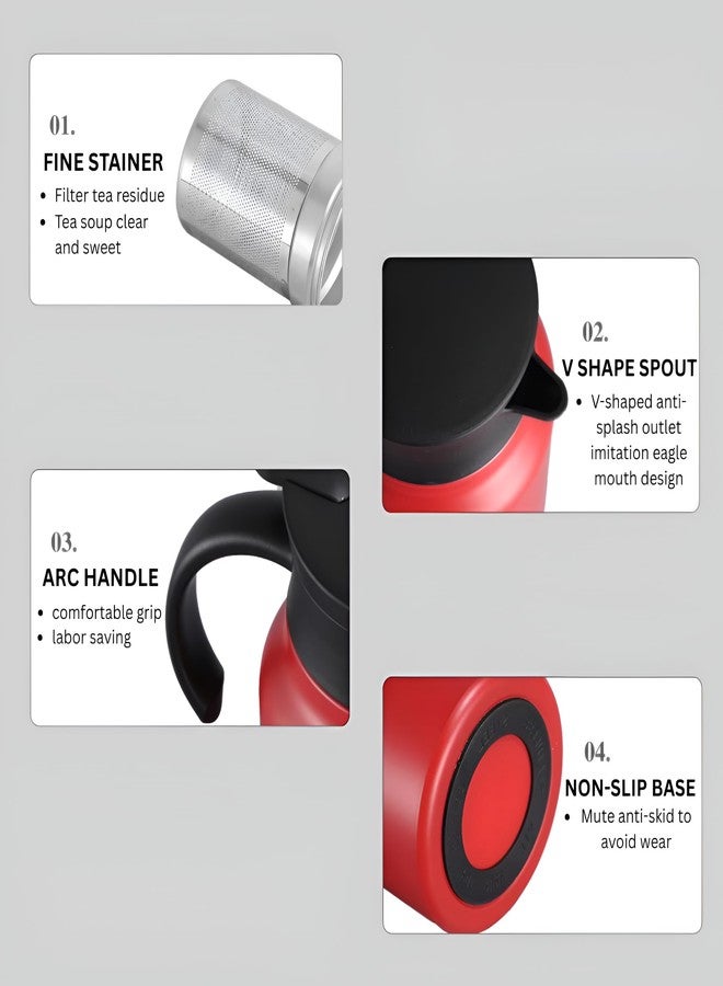 VENDLY إبريق شاي وقهوة حراري من فيندلي مع مصفاة | 1000 مل | لحفظ المشروبات ساخنة/باردة، مصنوع من الفولاذ المقاوم للصدأ ومقاوم للغبار، إبريق ماء معزول للحفلات/المنزل (أحمر) - Image 3